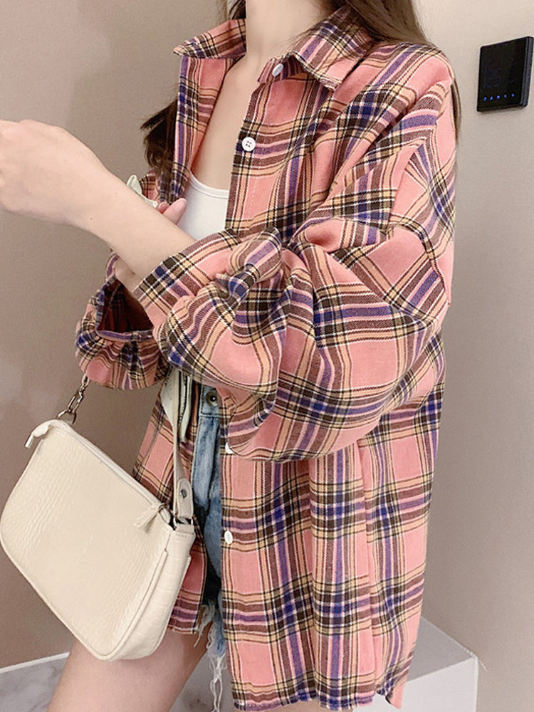 Loose design niche long-sleeved plaid shirt