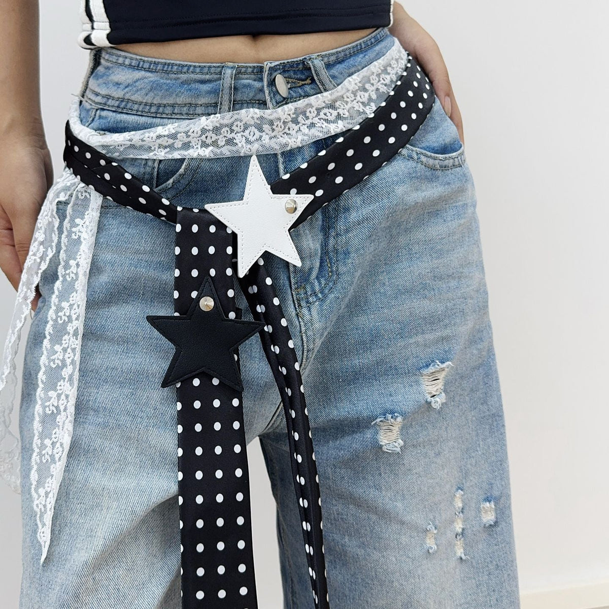 Polka-dot Silk Scarf Beltearly Autumn Styling With Denim Vintage Vibe