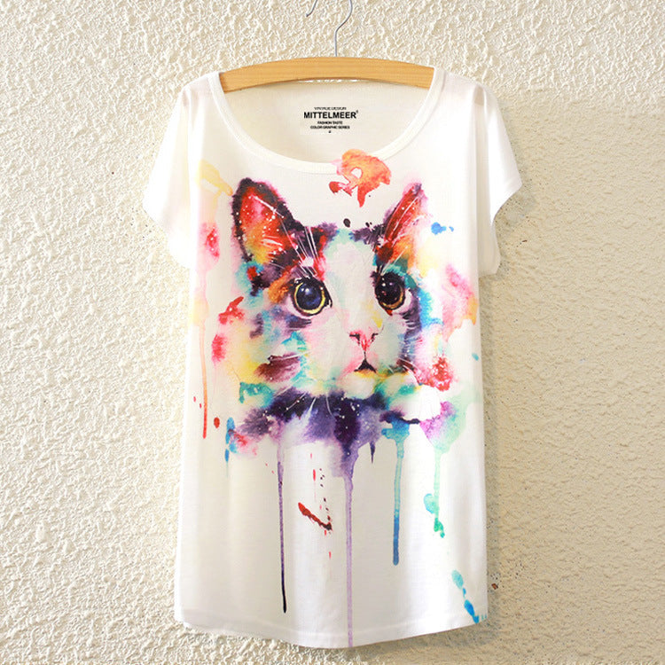 New Fashion Summer Harajuku Animal Cat Print Shirt O-Neck Short Sleeve T Shirt Women Tops White T-shirt