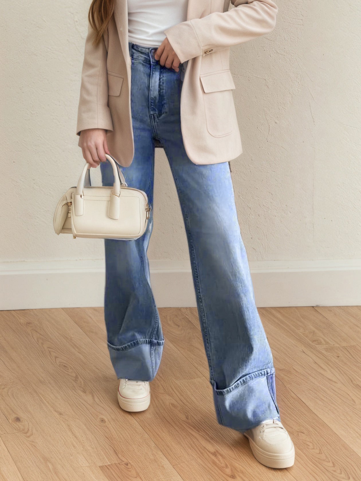 Ladies Micro Elastic Denim Back Foot Straight Slim Wide Leg Trousers