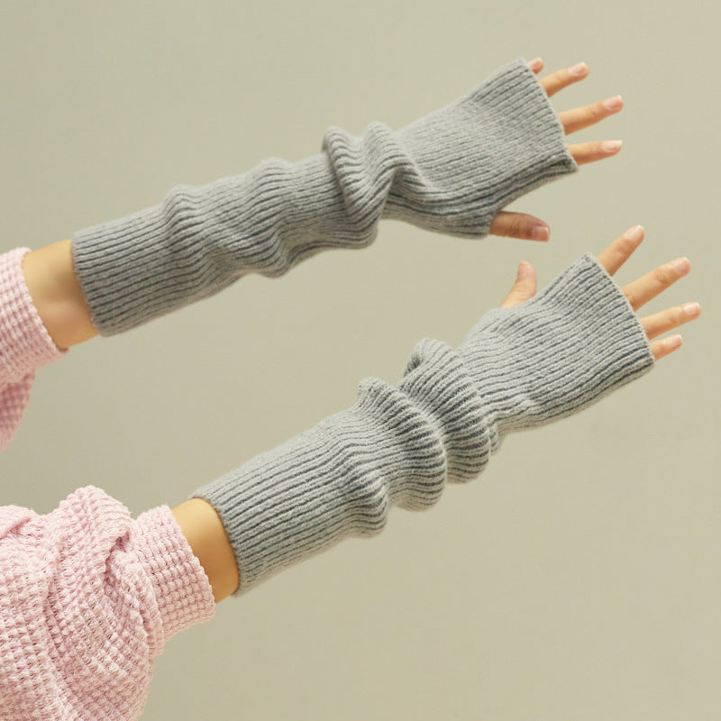 Women's Solid-Color Cashmere Long Half-Finger Winter Gloves