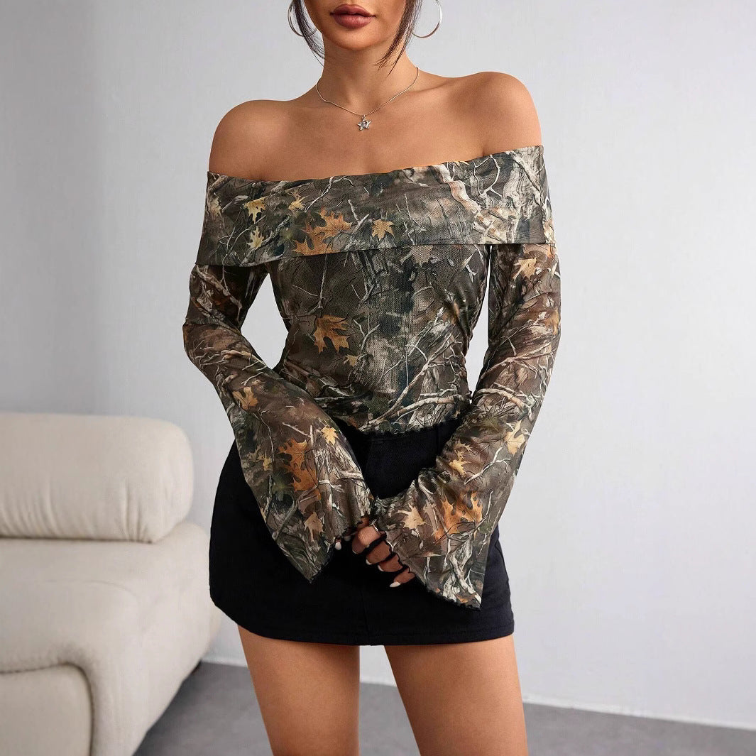 Mesh Printed Off-shoulder Long Sleeved Fitted T-shirt Top