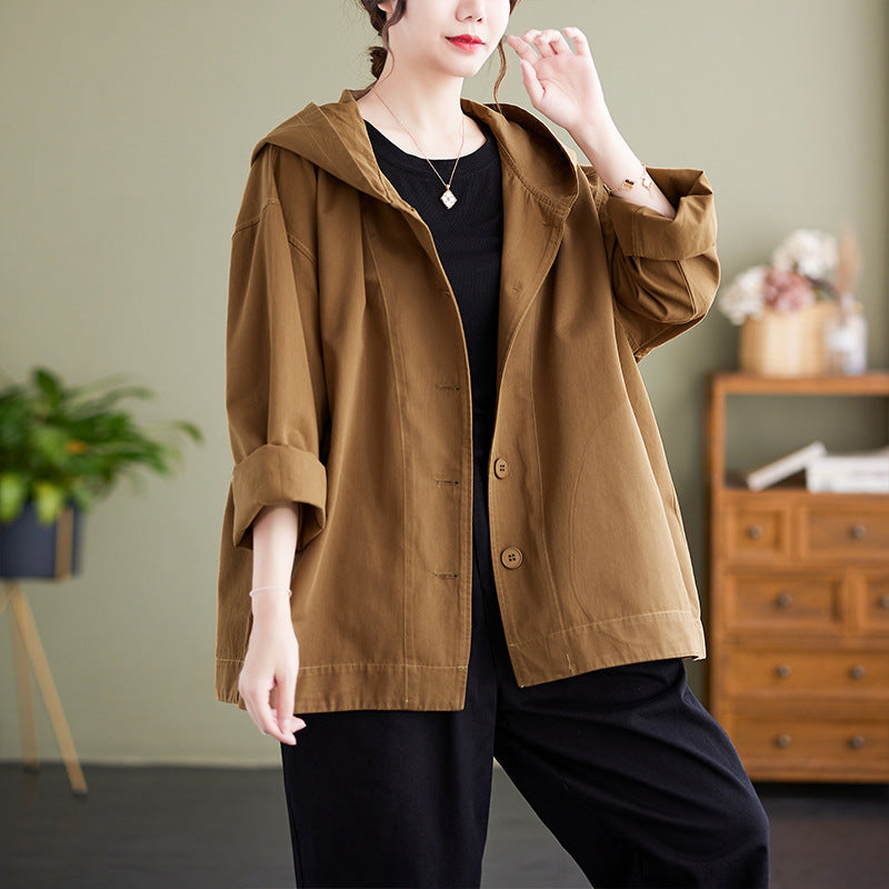 Hooded Loose Coat Women Retro Khaki Casual Cotton Artistic Stitching Women