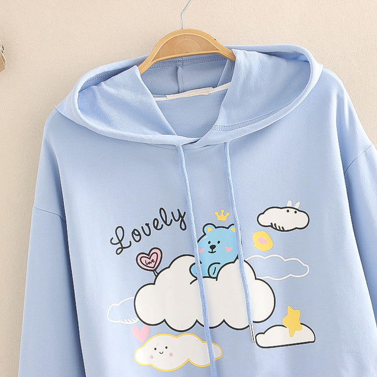 Cartoon Bear Print Casual Hooded Sweatshirt Women