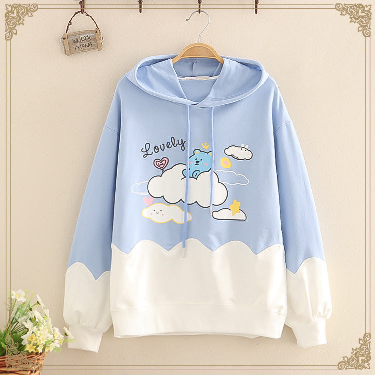 Cartoon Bear Print Casual Hooded Sweatshirt Women