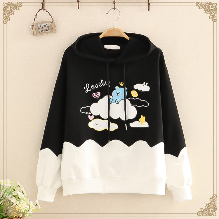Cartoon Bear Print Casual Hooded Sweatshirt Women