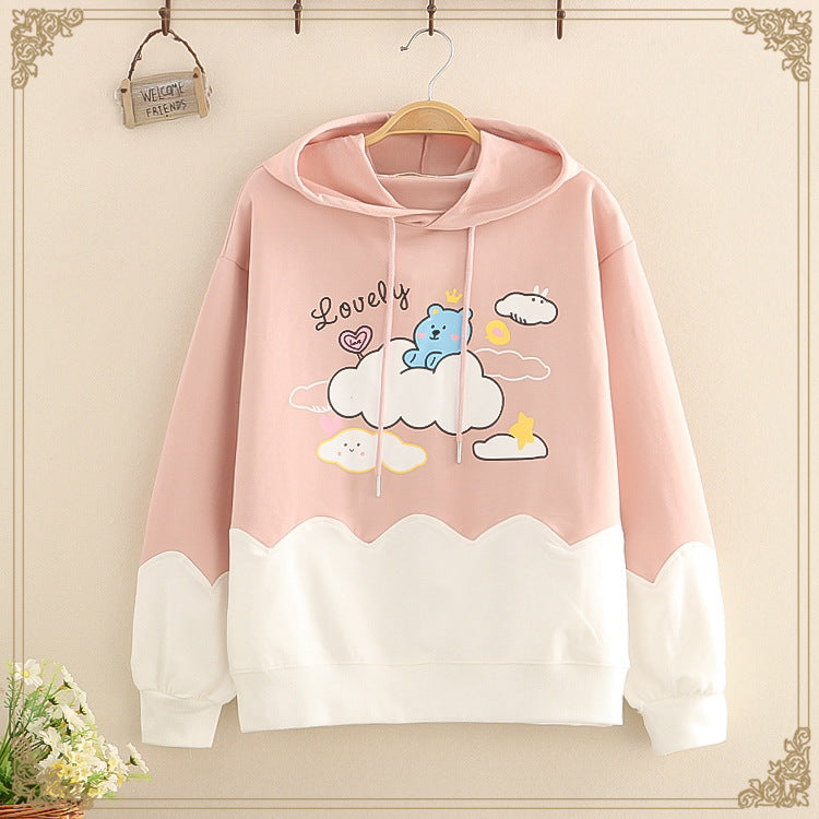 Cartoon Bear Print Casual Hooded Sweatshirt Women