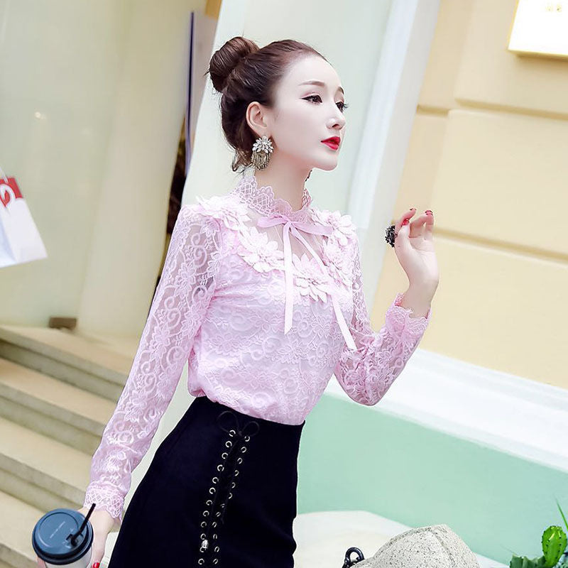 Women Shirts Lace Long Sleeve Blouse Bow Sweet Floral Hollow Lace Blouses Shirt Female Mesh Blusas Spring Women Tops X01F