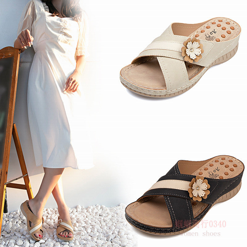 Plus Sizes Wedge Flower Beach Slippers For Women