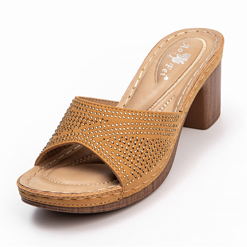Women Plus Sizes Rhinestone Thick Heel Slippers