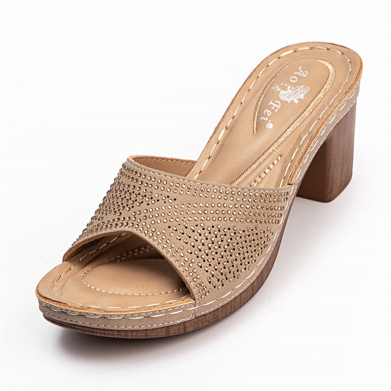 Women Plus Sizes Rhinestone Thick Heel Slippers