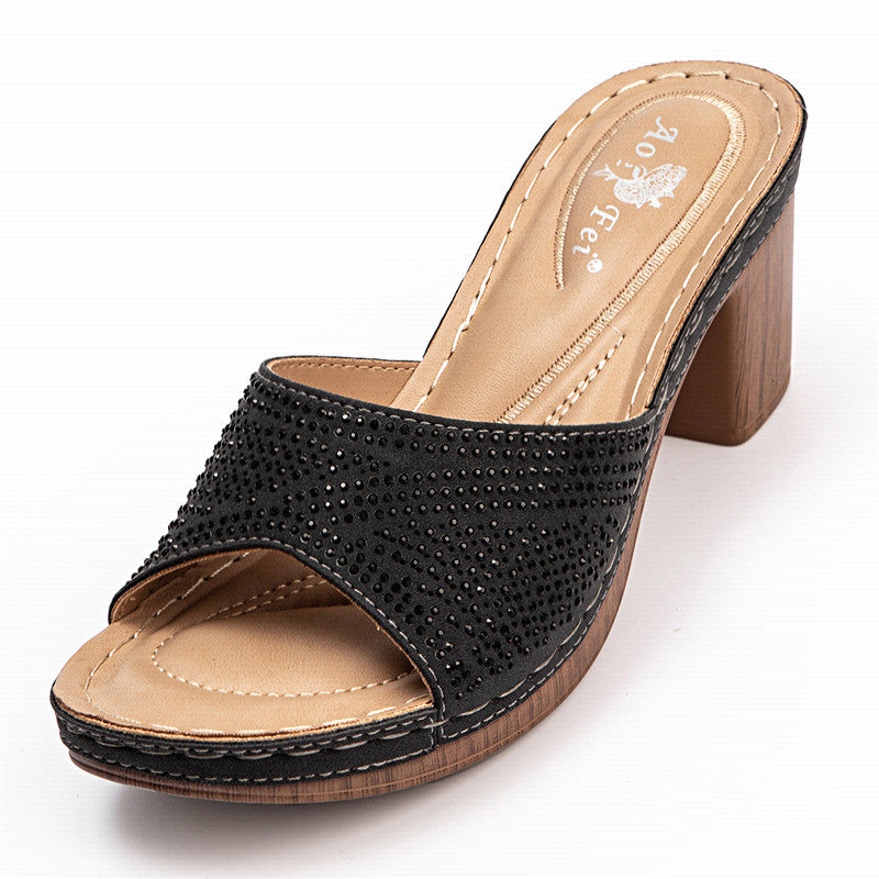 Women Plus Sizes Rhinestone Thick Heel Slippers