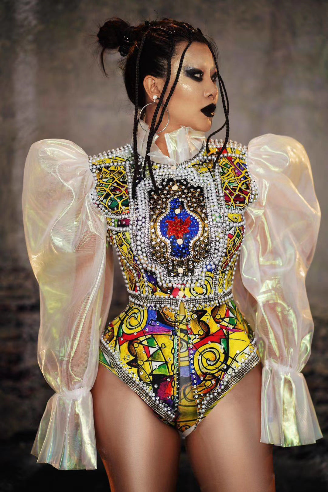 Party Costumes Catwalk Pearl Puff Sleeve Abstract Print One-Piece Female Costumes