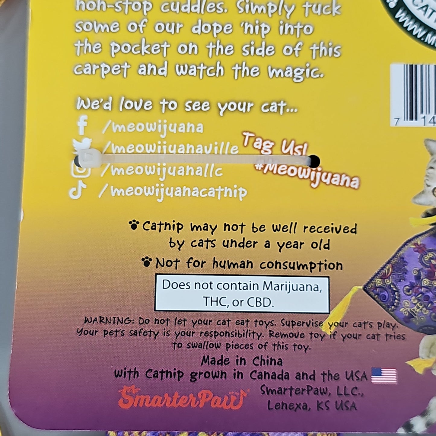 SMARTER PAW Meowijuana Organic Catnip Toy Get a Ride Magic Carpet Cat Toy (New)
