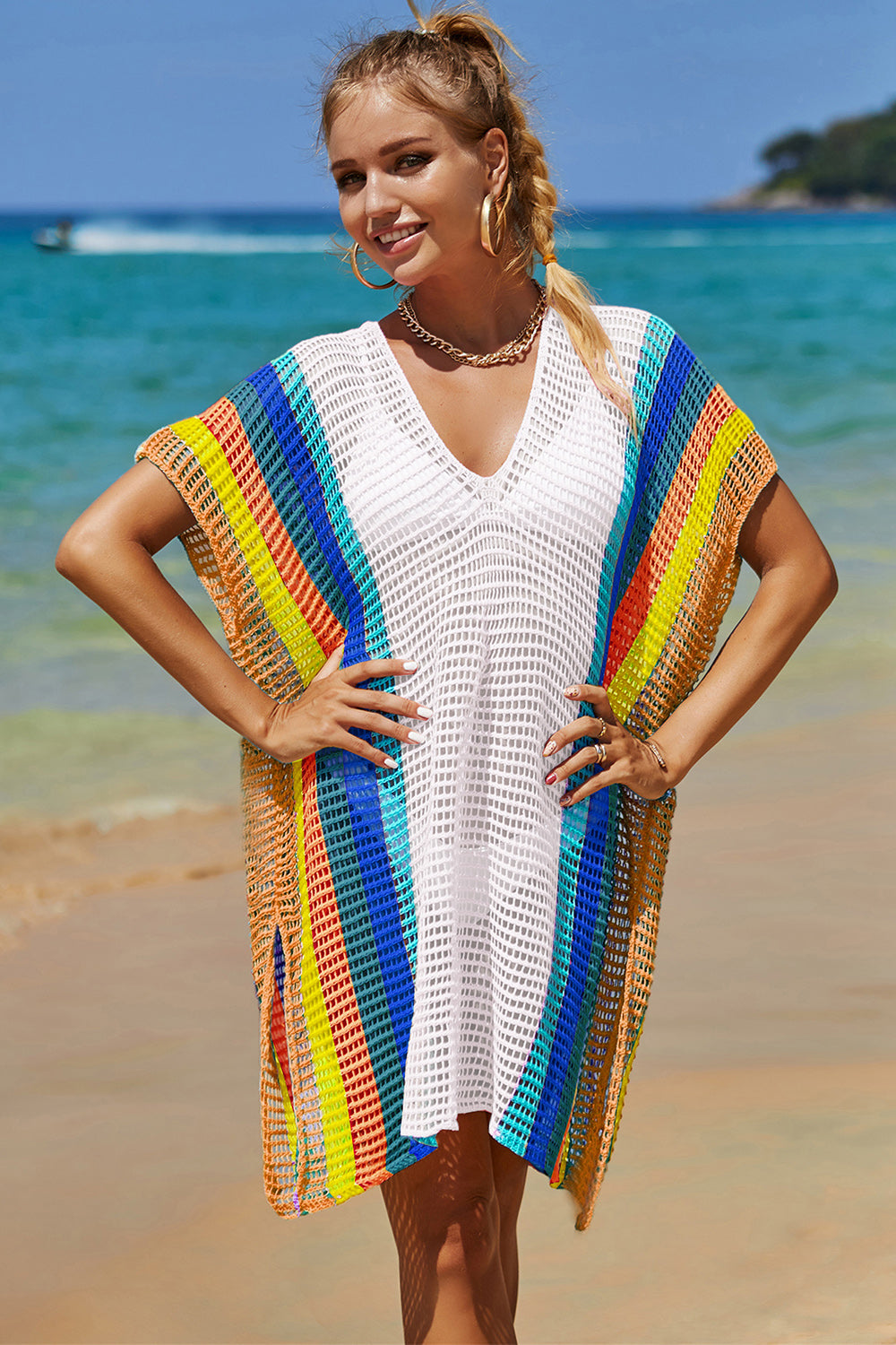 Lightweight Openwork Striped Knit Beach Cover-Up