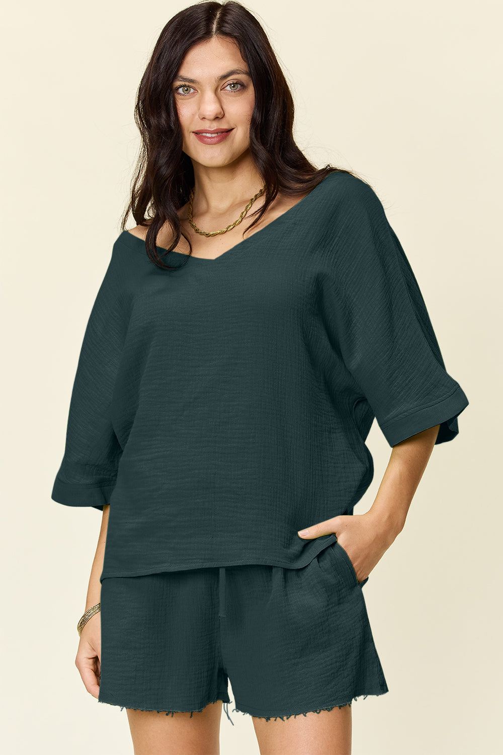 Textured Cotton T-Shirt and Drawstring Shorts Set