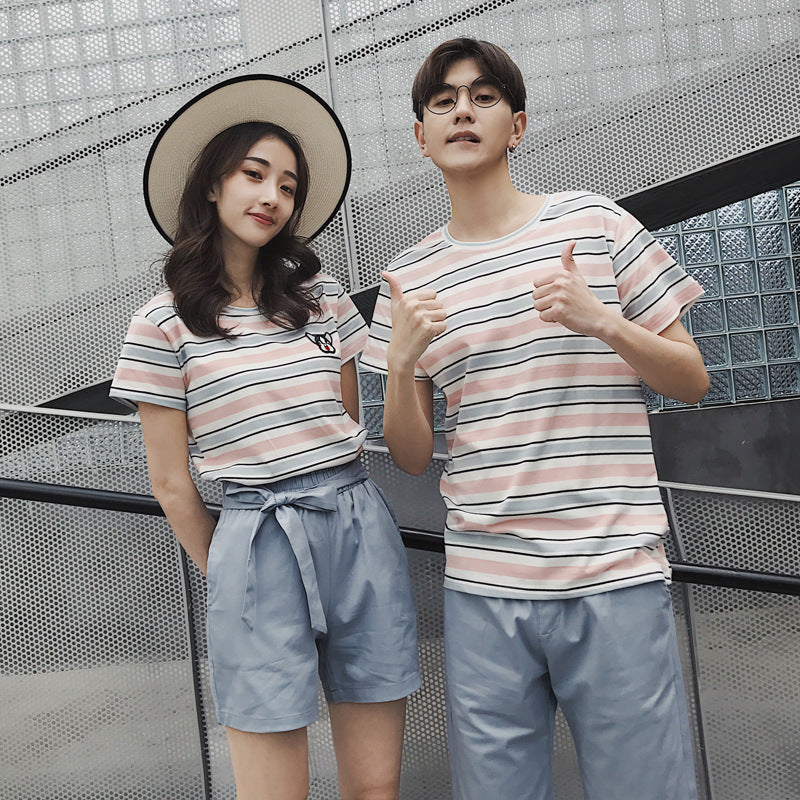 Couple wear summer beachwear striped suit