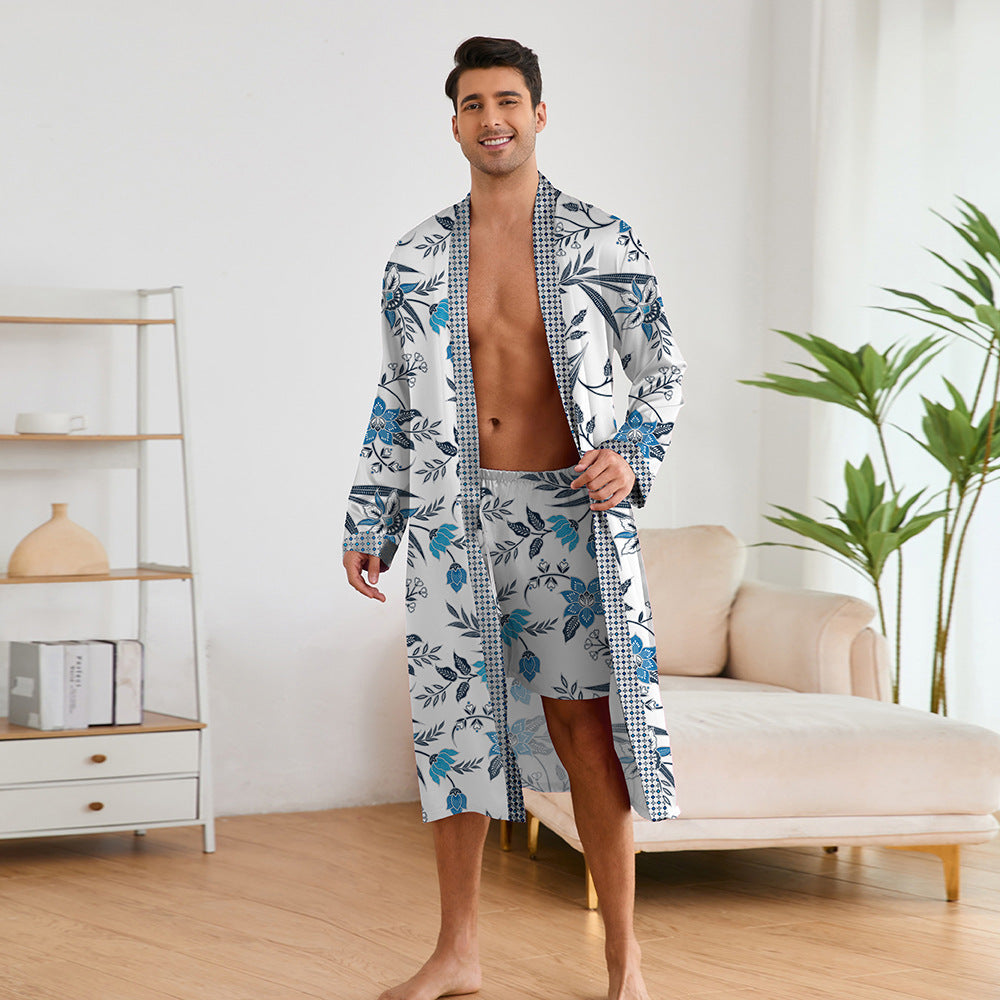 Printing Men's Robes Long Sleeve Shorts Suit