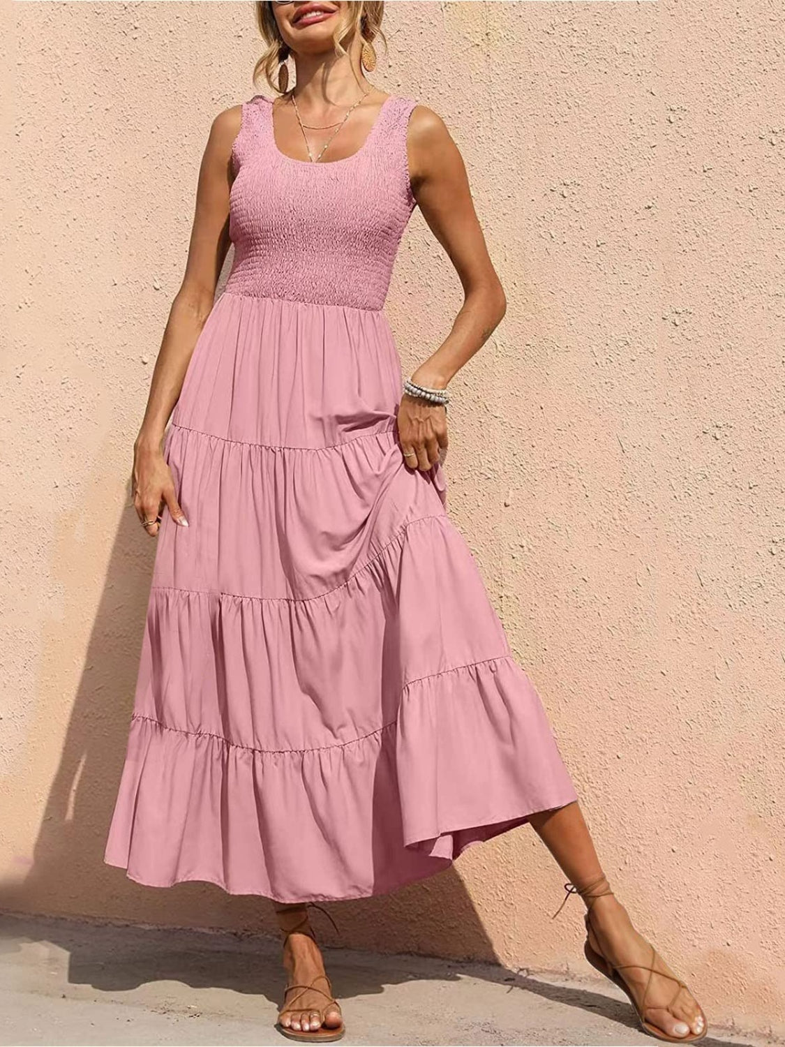 Smocked Tiered Midi Dress with Wide Straps