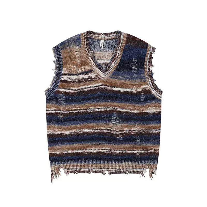 Retro Relaxed Color-block Striped Sleeveless Knit Vest