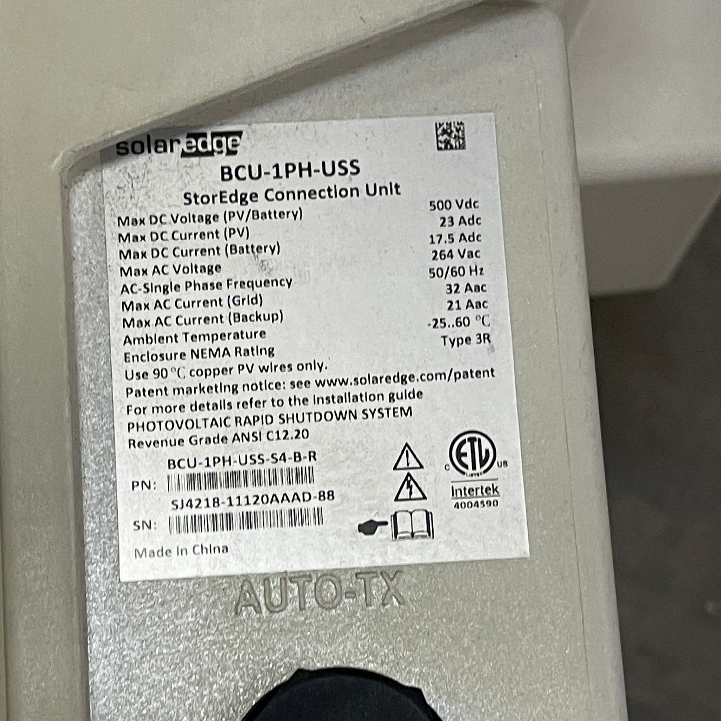 SOLAREDGE Storedge Inverter Equipment SE3800A & BCU-1PH-USS (For Parts, Not Tested)
