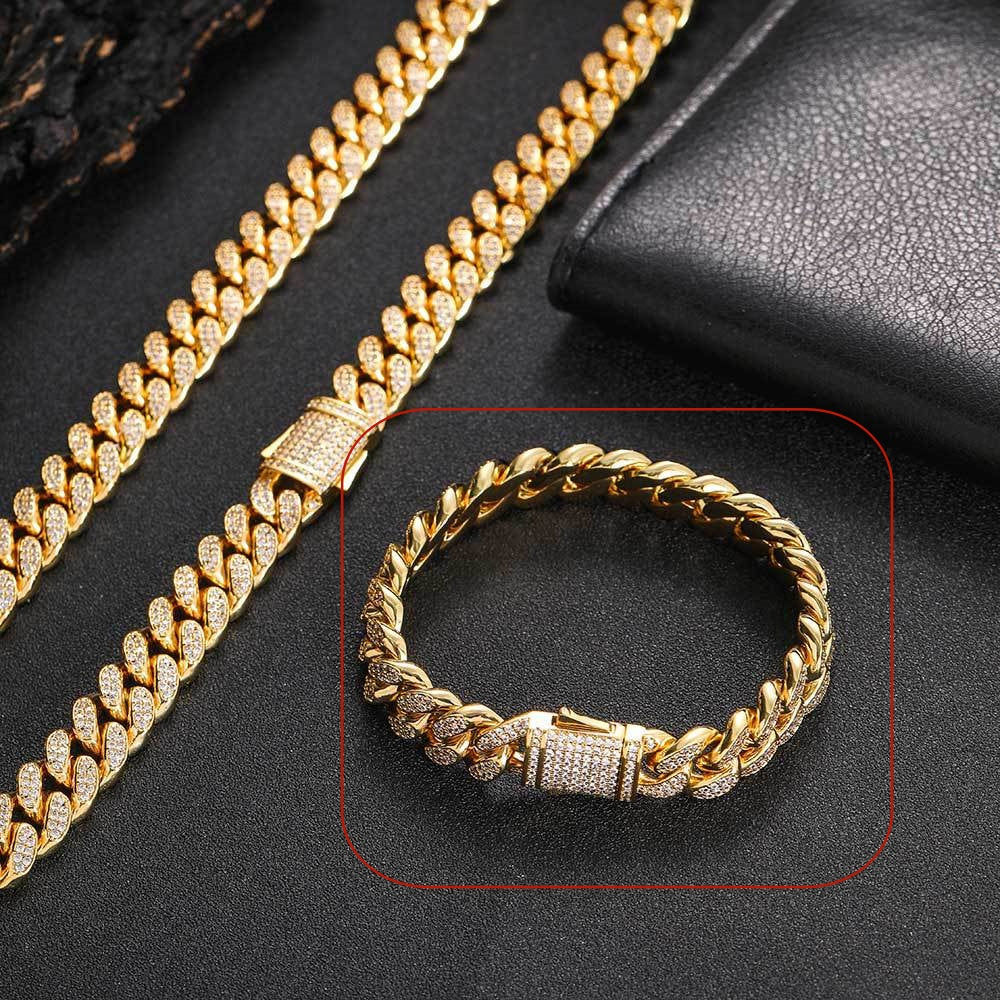 European Hip Hop Ornament 12mm Spring Fastener Double Row Zircon Necklace Bracelet