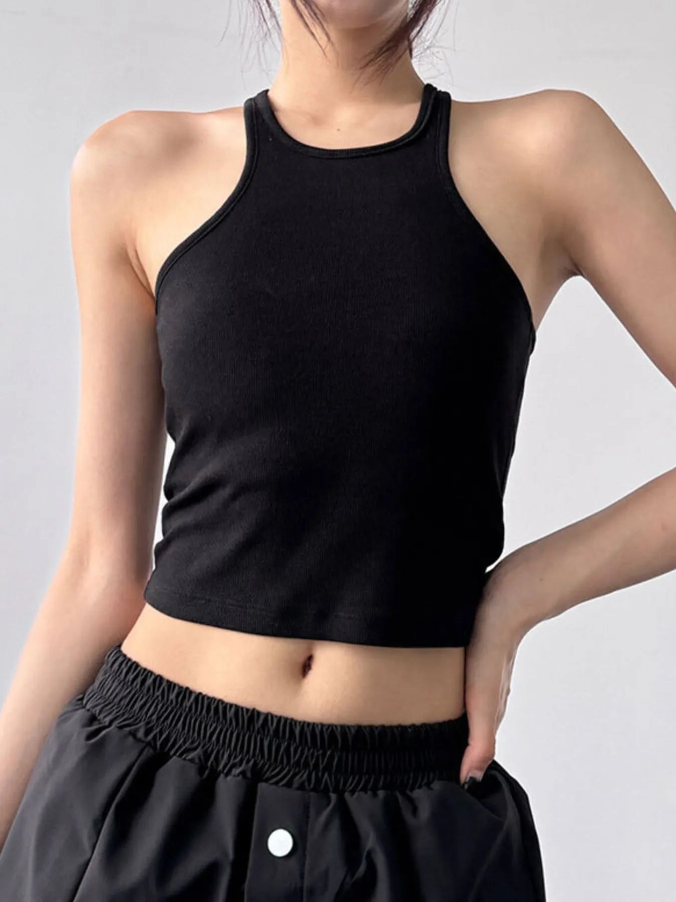 Ribbed Round Neck Crop Tank Top