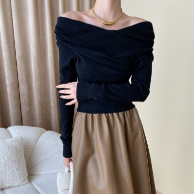 Womens Irregular French-Style Off-the-Shoulder Knit Top