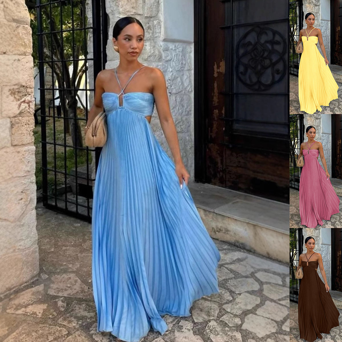 Ins Pleated Sleeveless Sling Dress Hollow High Waist Halter Robe Dresses For Evening Party Club Clothing Women