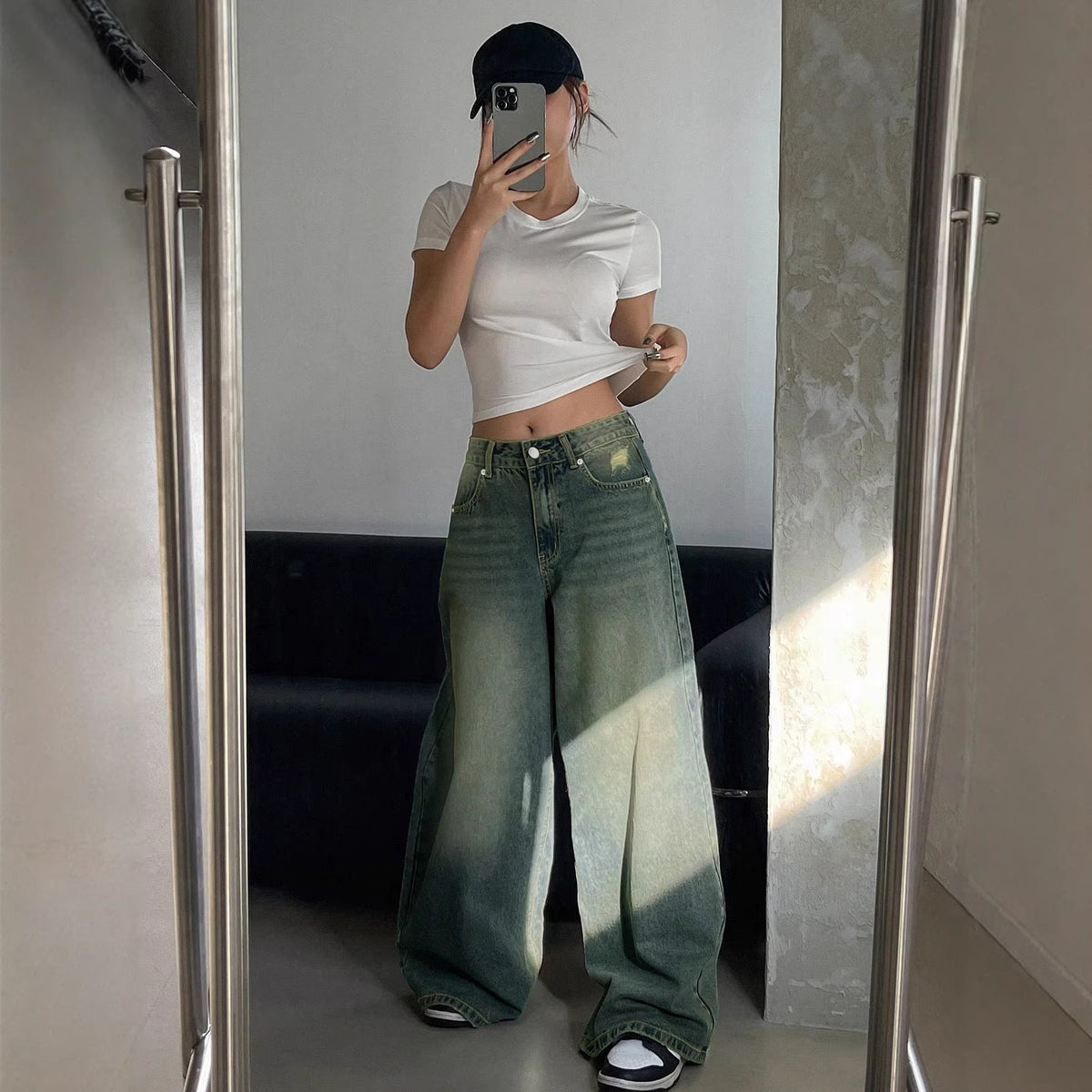 Water-washed Blue Wide-leg Extra-long Floor-length Jeans