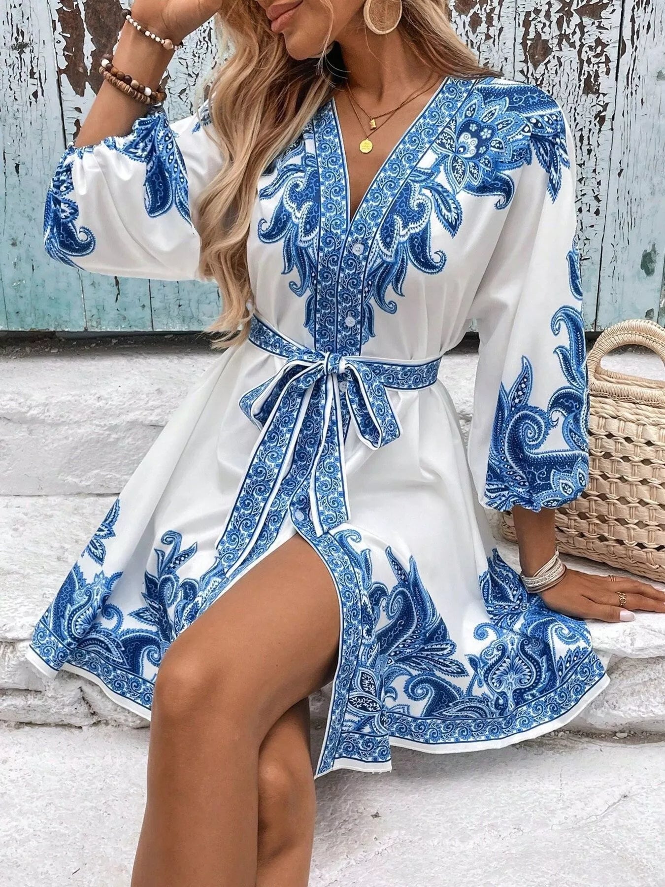Printed Balloon Sleeve Mini Dress