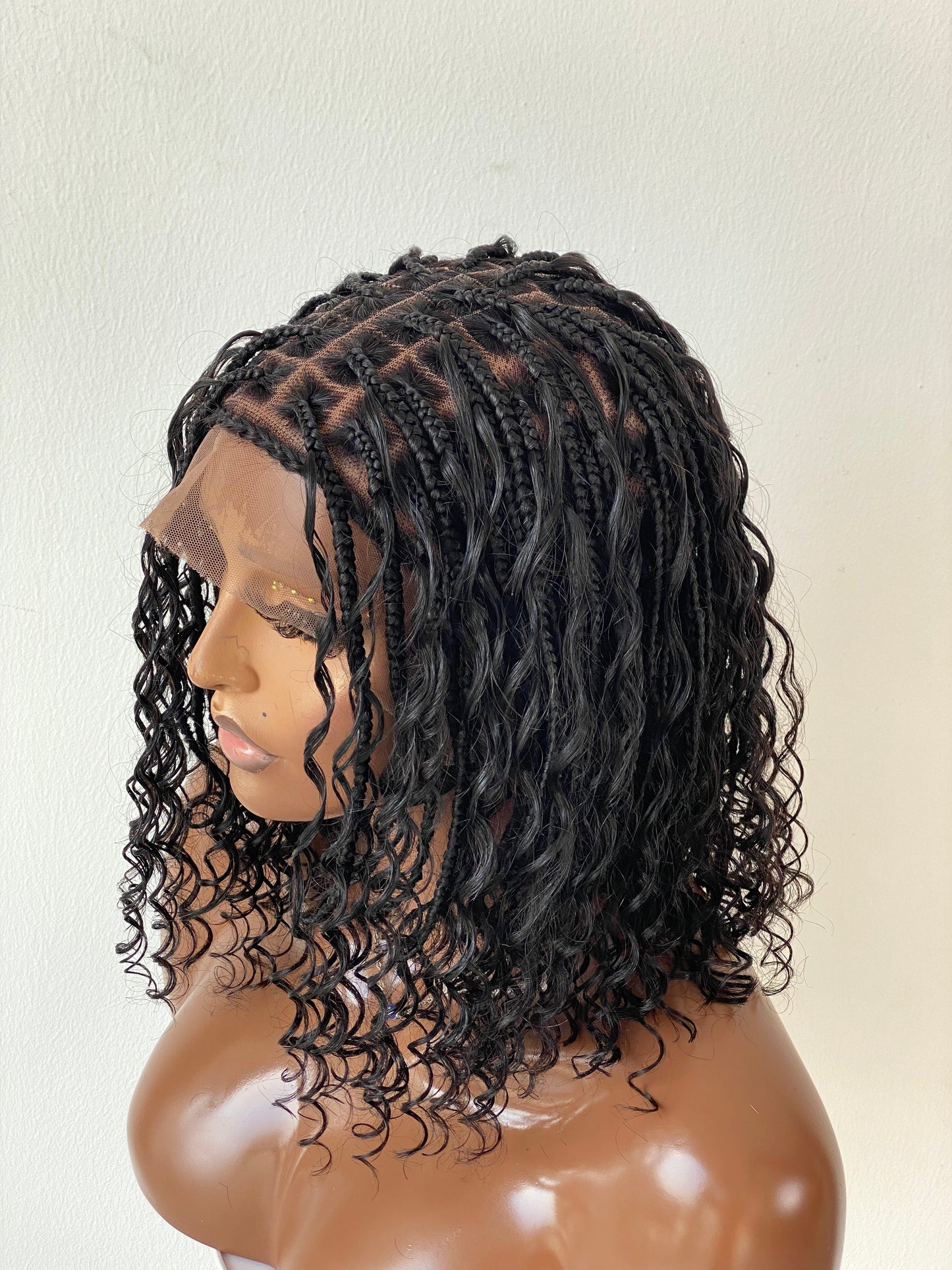 Short Bohemian Knotless Bob Wig (100% HD Human Hair Lace & Curls) Black Color