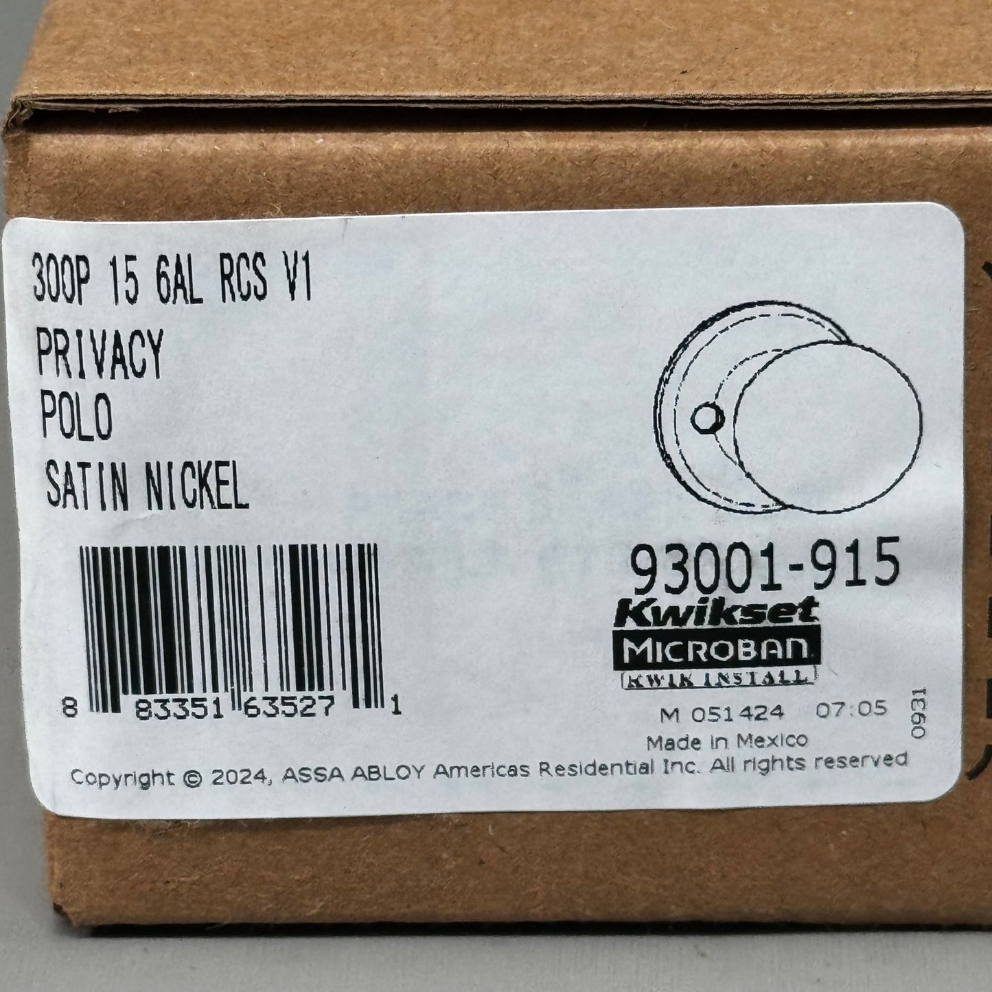 ZA@ KWIKSET Polo Privacy Door Lock 300P 15 6AL V1 1-7/8" Dia Satin Nickel 93001-915
