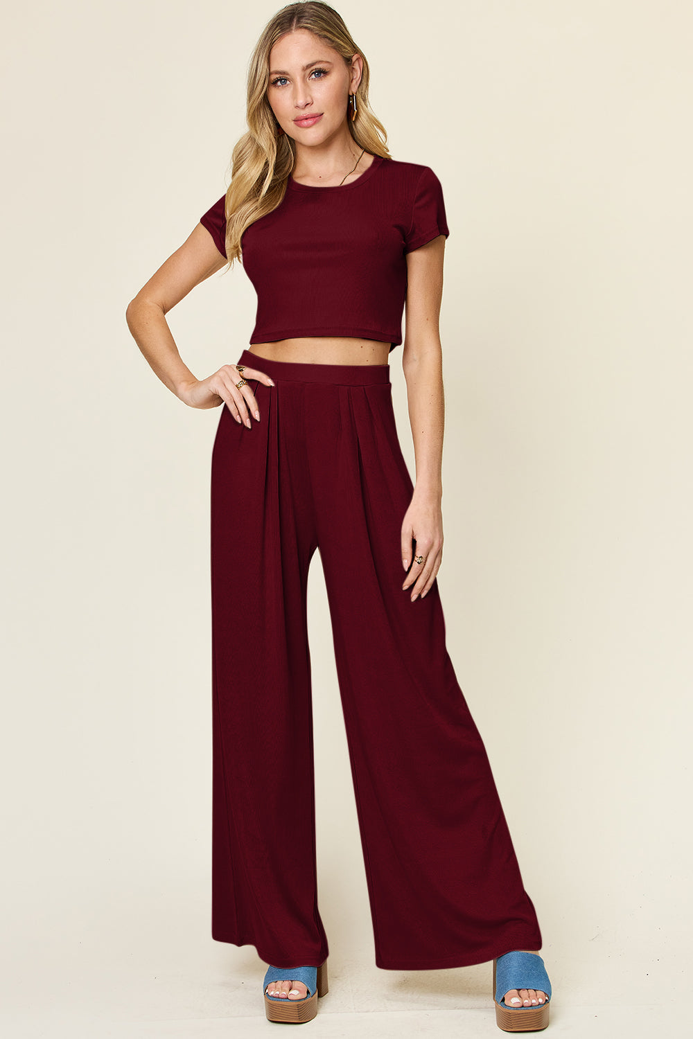 Slightly Stretchy Round Neck Top & Pants Set