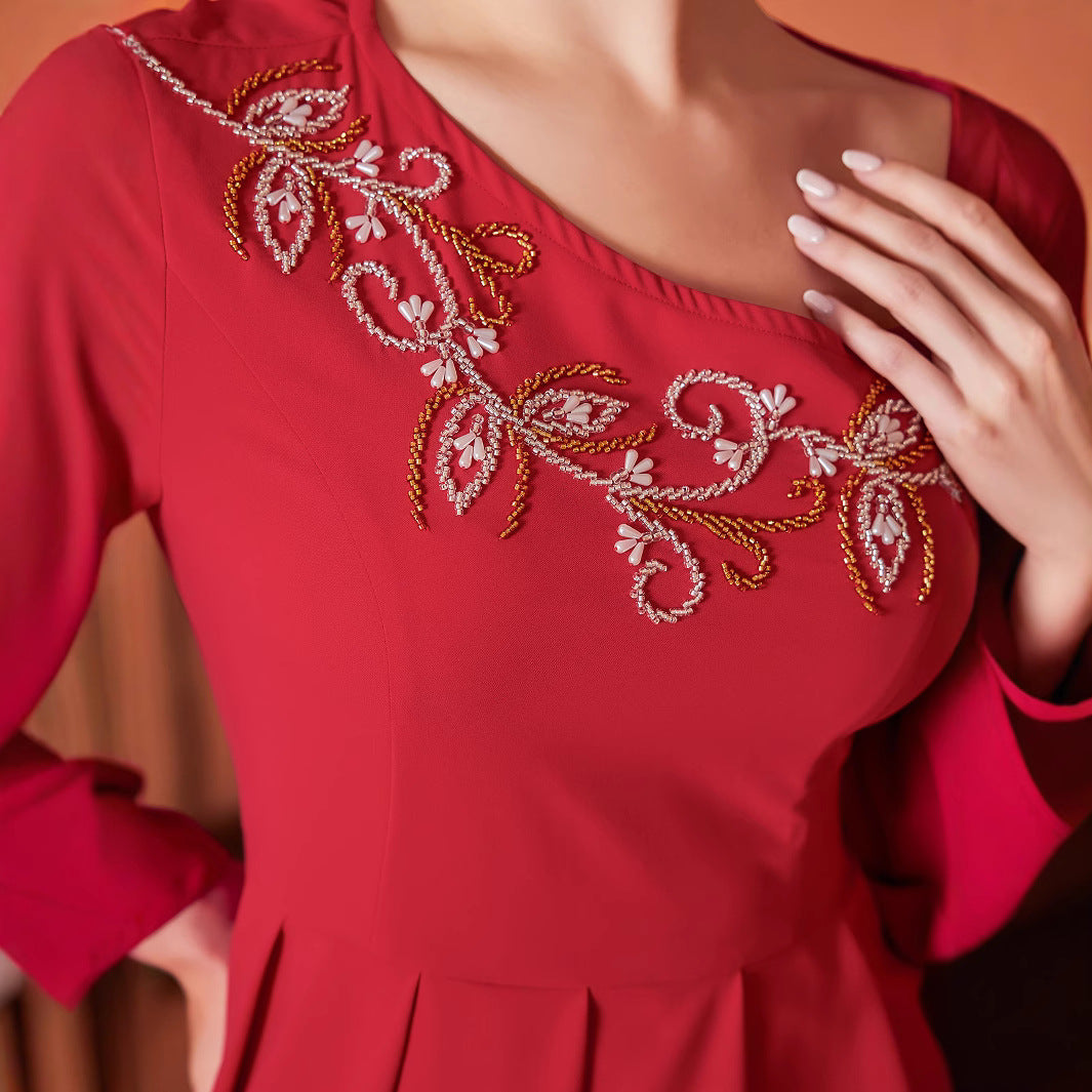 Red Designer Model Heavy Industry Hand Sewing Drill Off-the-shoulder Dress