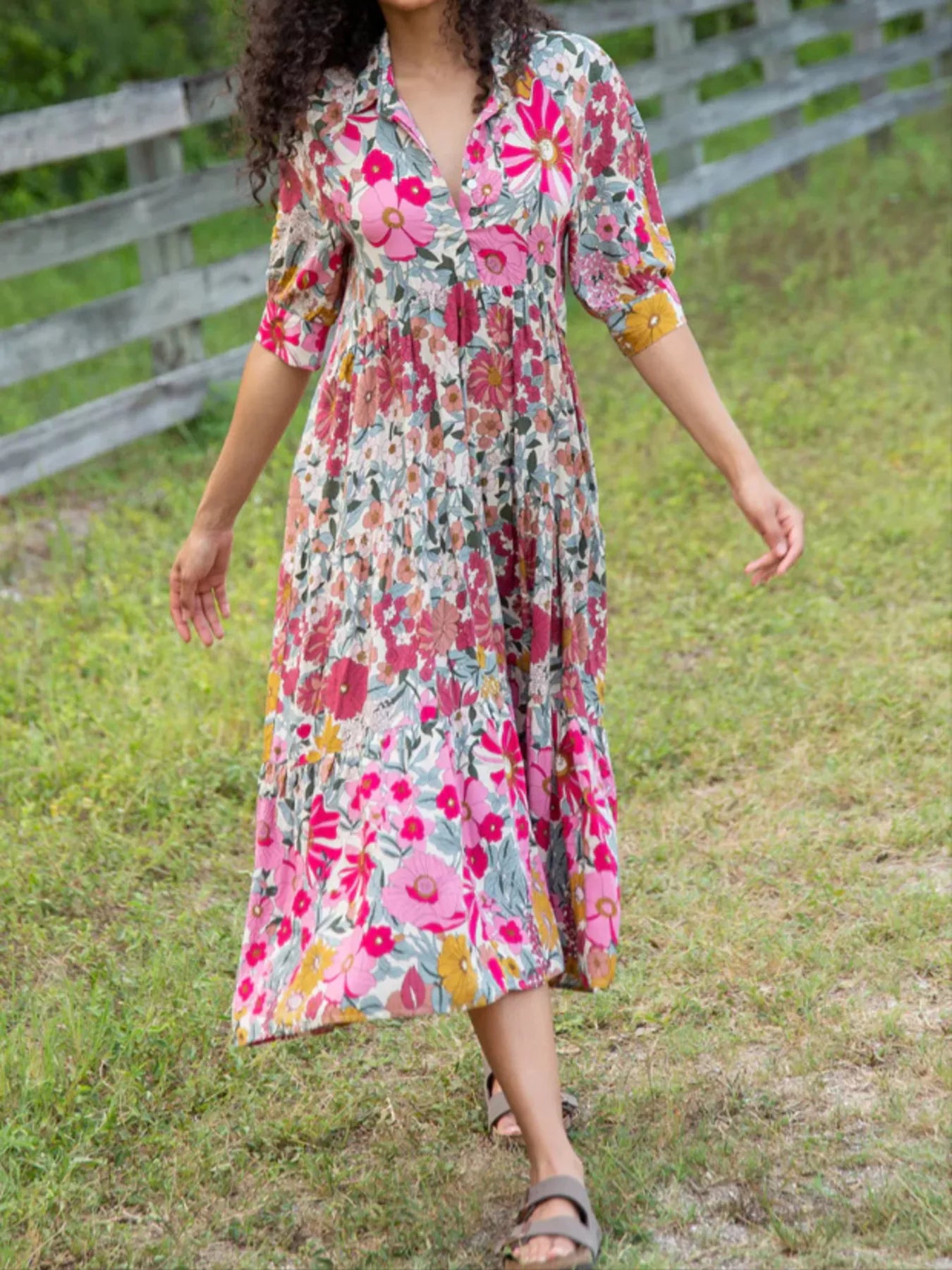 Full Size Printed Half Sleeve Midi Dress Plus Size