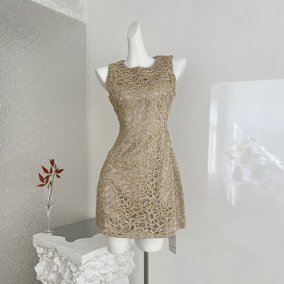 Women's Slim Fit Club Dress - New Gold Thread 3D Embroidery Midi Formal Gown