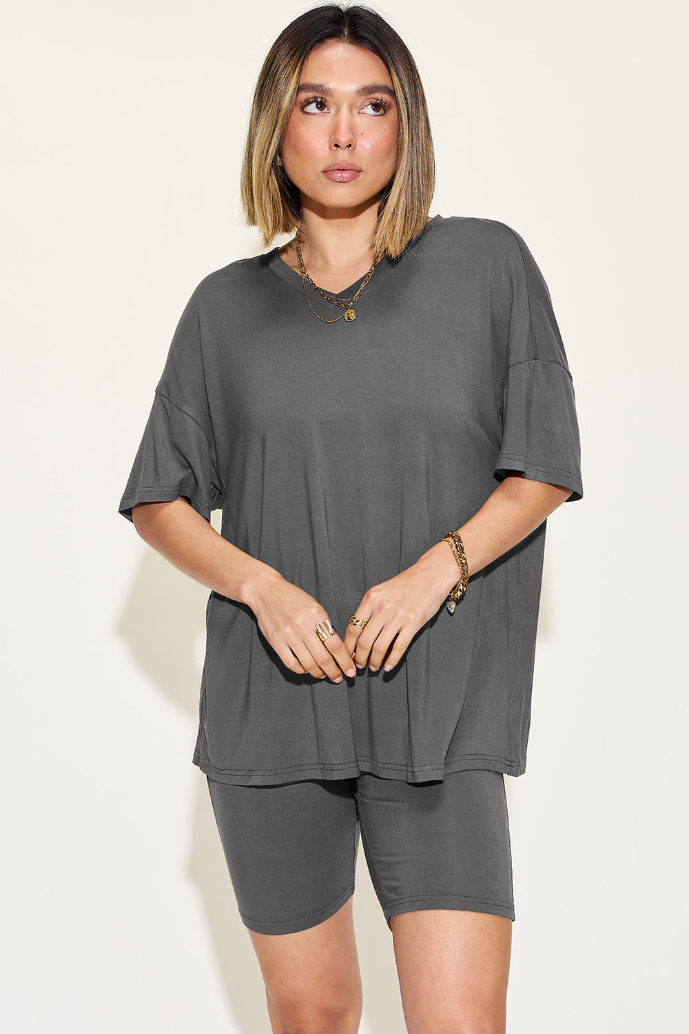 Relaxed Fit Rayon V-Neck Tee & Shorts Set