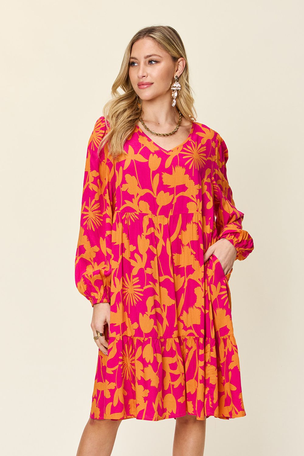 Printed Ruffle Hem Long Sleeve Rayon Dress