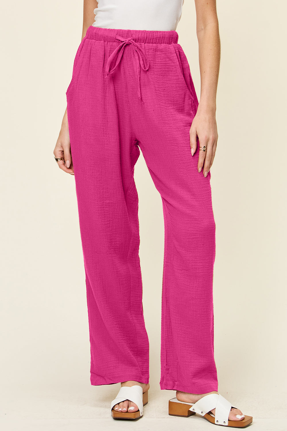 Textured Drawstring Straight Leg Pants
