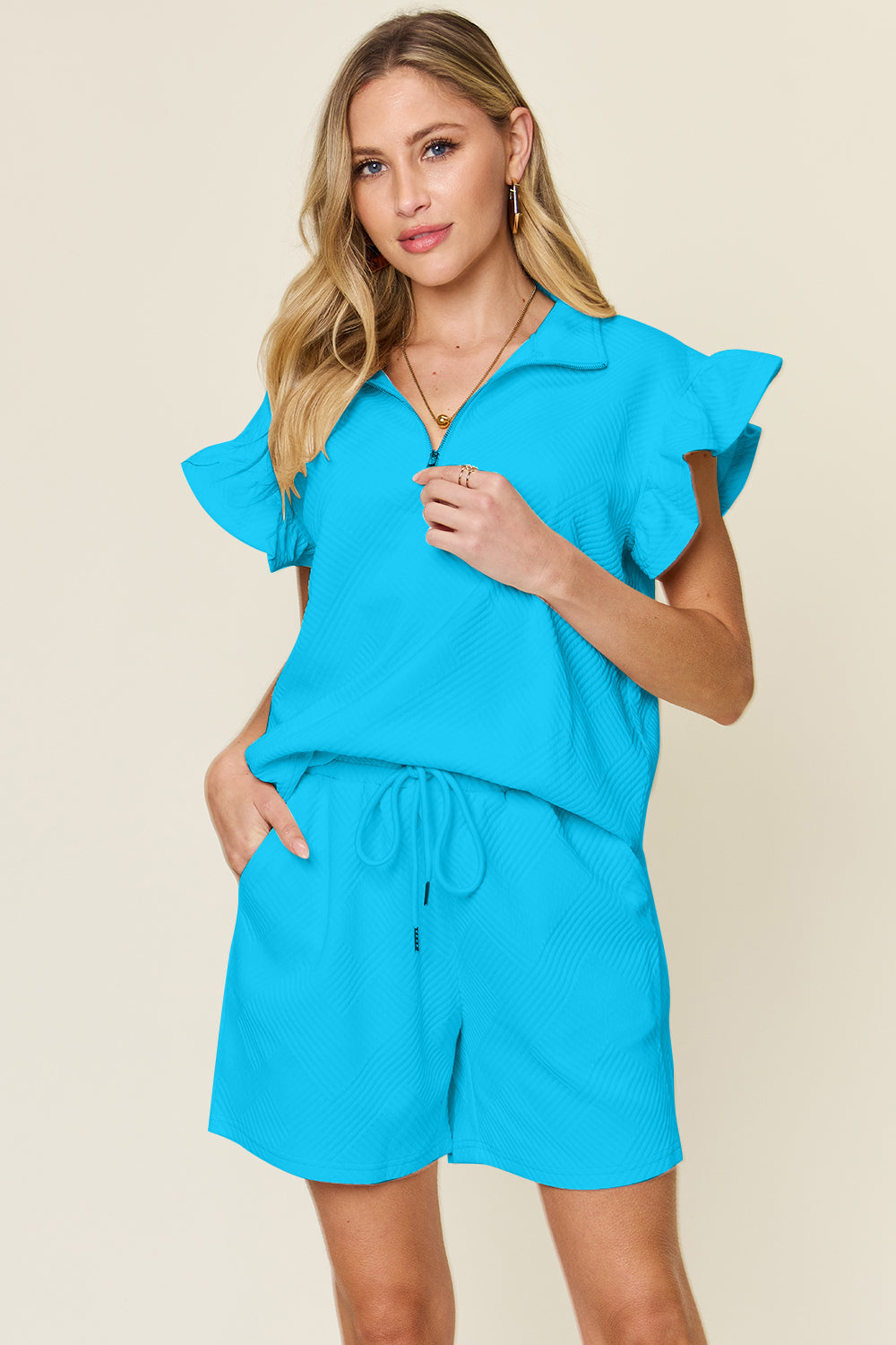 Textured Flounce Sleeve & Drawstring Shorts Set