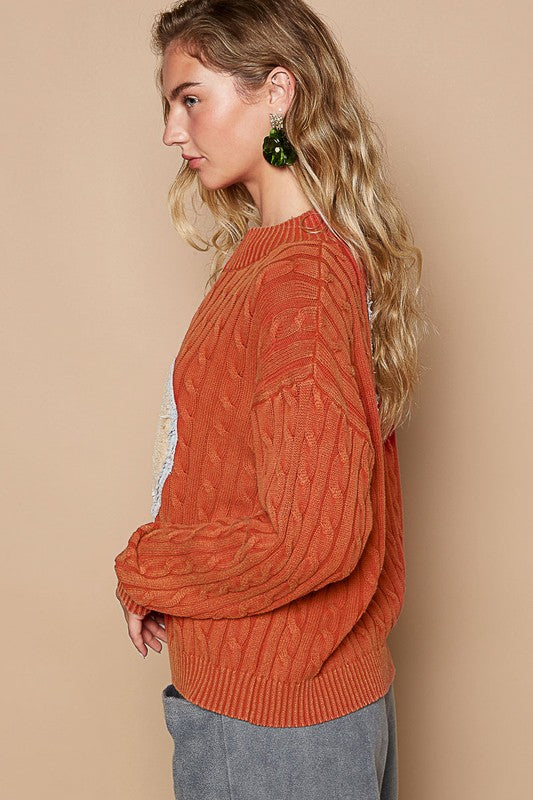 Back To School Sweater - POL Cable-Knit Peace Patch Dropped Shoulder Sweater