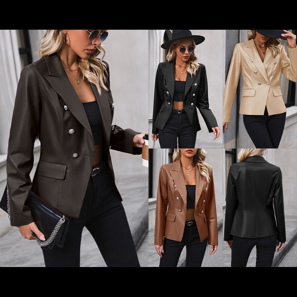 Women's Double Breasted Suit Motorcycle Leather Coat
