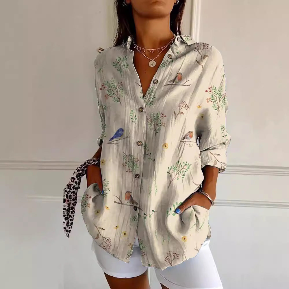 Flowers Print Long Sleeve Shirt Fashion Stand Collar Button Tops For Women Clothing