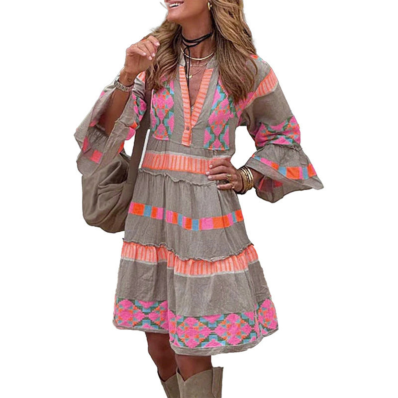 Fashion Print V-neck Dress Summer Ruffle Three Quarter Sleeve Dresses For Women Clothing