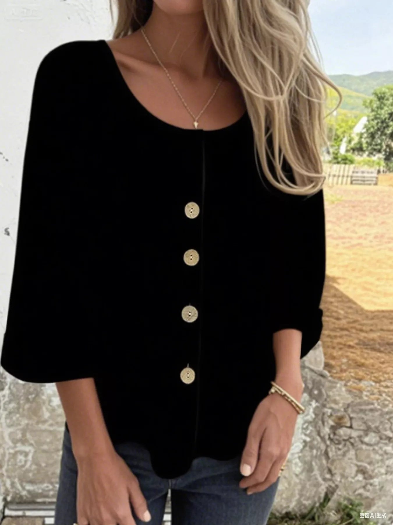 Full Size Button-Front 3/4 Sleeve Casual Blouse Plus Size