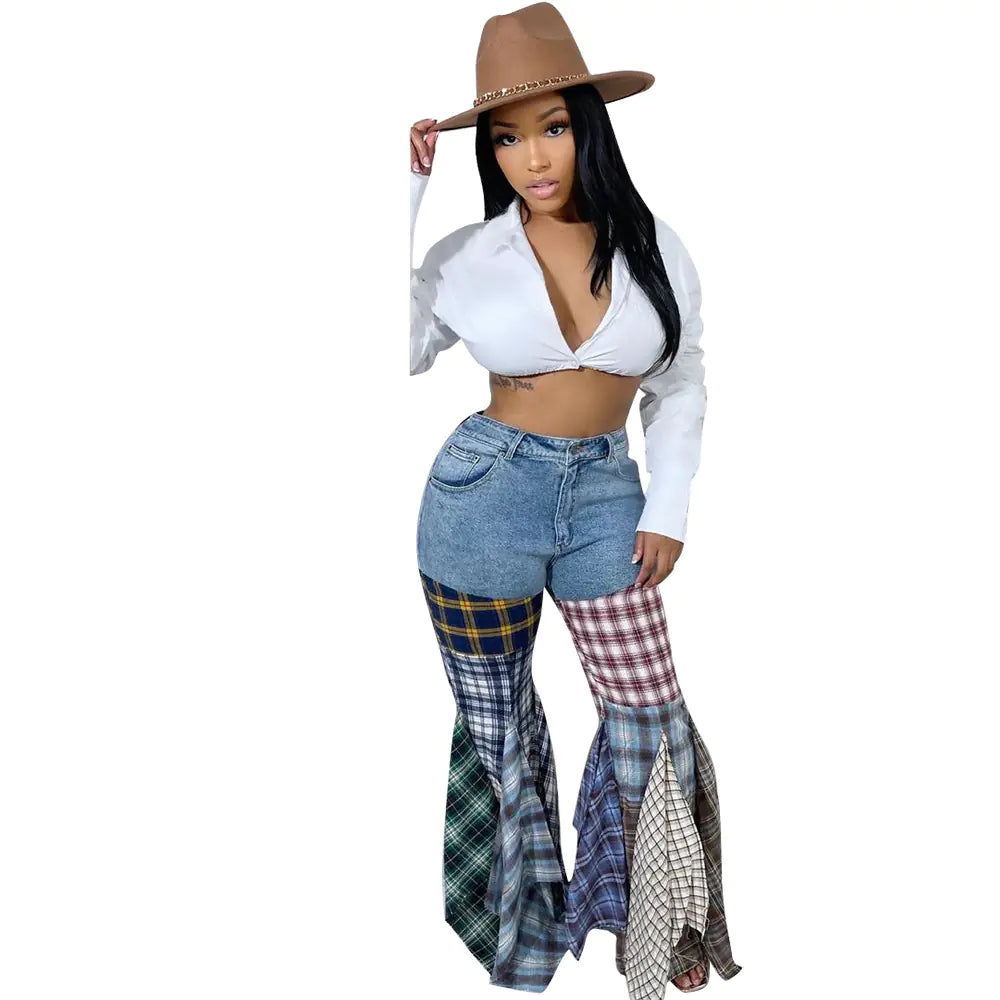 Style Loft Collection Houndstooth Flared Denim Ruffled Trousers