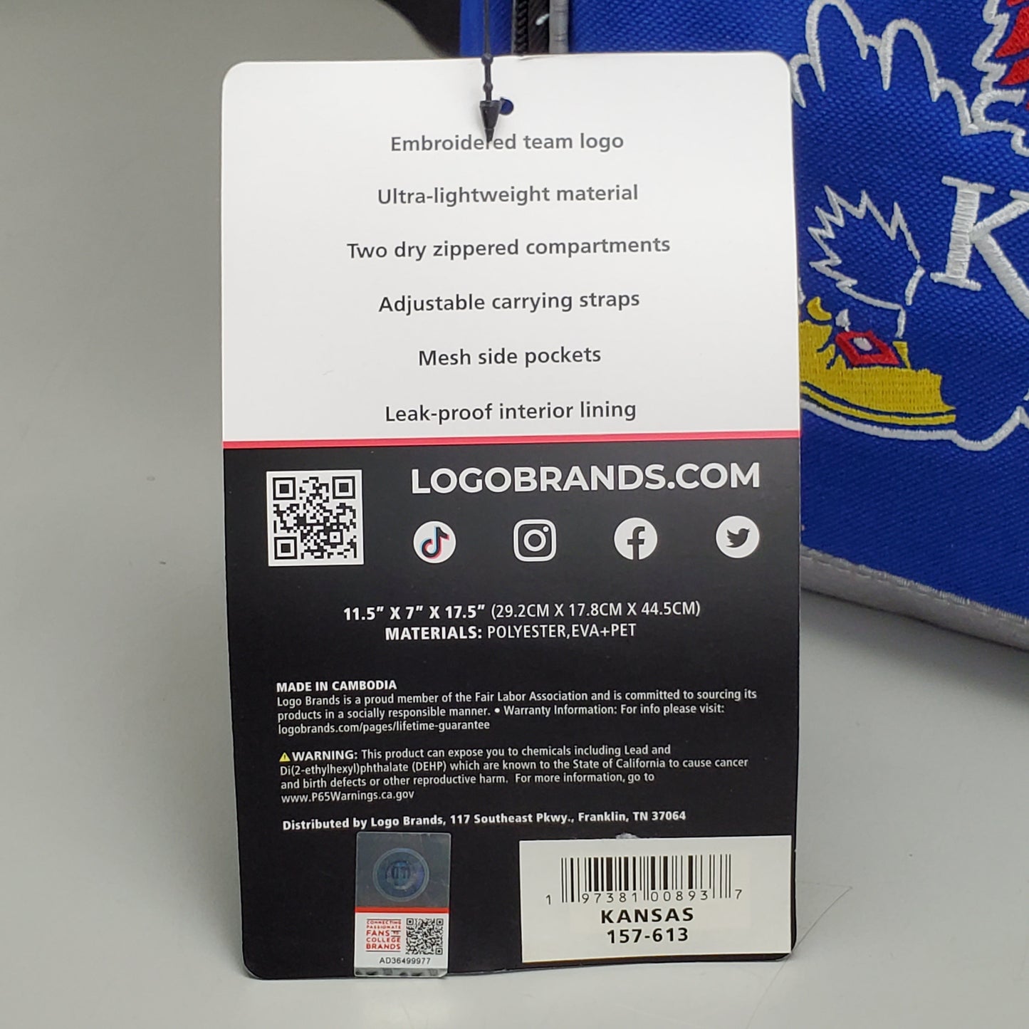 LOGO BRANDS Kansas University Backpack Cooler 18" 157-613