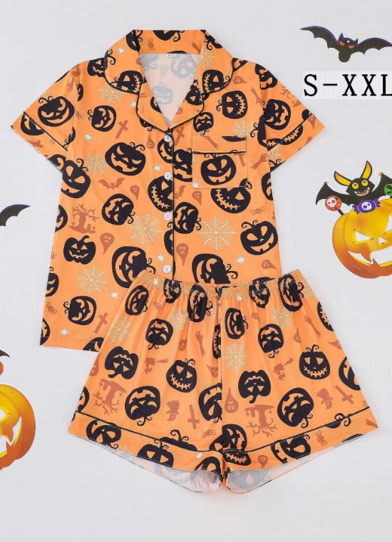 Women Halloween Satin Pajama Set Ghost Pumpkin Print Top With Shorts Sleepwear