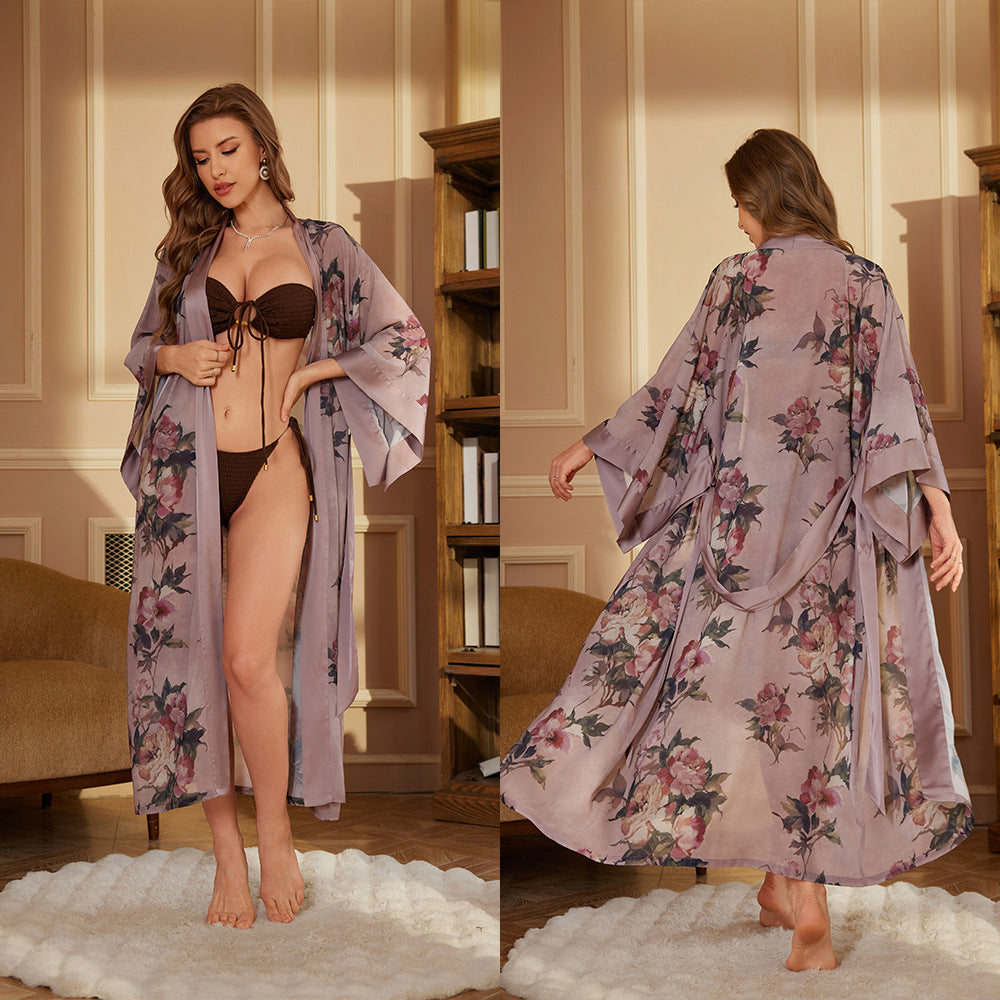 Satin Womens Nightgown Long Bathrobe Long Sleeve Sleepwear
